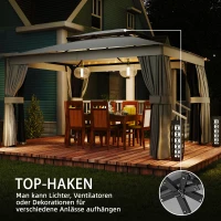 Outsunny Pavillon 3,8x3m Wasserabweisend Stabil Winterfest Gartenpavillon mit Doppeldach Vorhänge Moskitonetz Haken Dunkelgrau(m-7)