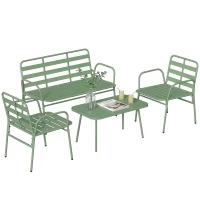 Outsunny Conjunto de Jardim Exterior em Aço 4 Peças, Sofá 2 Lugares, 2 Poltronas, Mesa de Centro, Ripado, 112x60x75cm, Verde(m-6)
