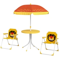 Outsunny Kids Picnic Table and Chair Set, Lion Themed Outdoor Garden Furniture w/ Foldable Chairs, Adjustable Parasol - Yellow(m-11)