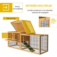 PawHut Clapier de sol cage à lapin niche supérieure avec rampe enclos extérieur porte verrouillable 150 x 52,5 x 68 cm jaune(m-5)