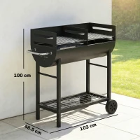 Outsunny Grătar pe cărbune cărucior cu 2 zone de gătit grilă reglabilă pe înălțime raft pentru lemne roți mâner lateral, 103 x 46,5 x 100cm(m-3)