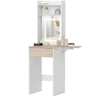 HOMCOM Small Vanity Desk with Mirror and LED Lights, Compact Dressing Table with Drop Leaf, Open Shelves and Drawer, White(m-11)