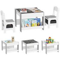 HOMCOM Conjunto de Mesa e 2 Cadeiras Infantis 2 em 1 com Ardósia Gavetas de Tecido e Espaço de Armazenamento para Quarto Cinza(m-10)