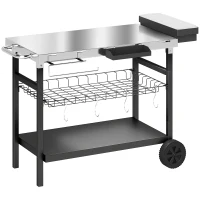 Outsunny Garten-Servierwagen mit 3 Ebenen, Edelstahl-Arbeitsfläche, Räder, Haken, abnehmbarer Korb, seitlicher Griff, 114x61x81cm, Schwarz(m-1)