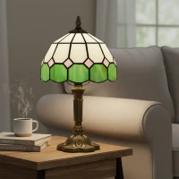HOMCOM Handmade Art Deco Glass Table Lamp - White/Green(m-9)