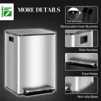 HOMCOM 40L Dual Compartment Stainless Steel Bin, with Deodoriser Holders - Silver Tone(m-7)