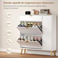HOMCOM Meuble à chaussures 12 paires, armoire à chaussures, 2 tiroirs rabattables, 4 compartiments, 99,4x23,8x106,6cm, blanc(m-5)