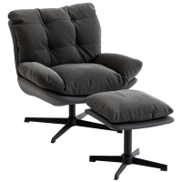 HOMCOM Accent Chair with Footstool, Swivel Lounge Chair with Chenille Upholstery, Metal Base, Dark Grey