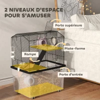 PawHut Cage hamster cage rongeur 3 étages avec roulettes plate-forme et échelle en fil d'acier 57 x 43 x 74 cm noir(m-4)