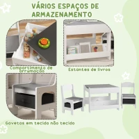 HOMCOM Conjunto de Mesa e 2 Cadeiras Infantis 2 em 1 com Ardósia Gavetas de Tecido e Espaço de Armazenamento para Quarto Cinza(m-6)