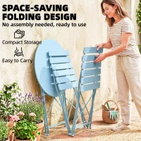 Outsunny Folding Garden Bistro Set, Outdoor Round Bistro Table and Chairs Set 2 with Electrophoresis Metal Frame, Light Blue(m-6)