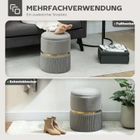 HOMCOM Runder Aufbewahrungshocker, Samtbezogener Hocker mit Abnehmbarem Deckel, Gepolsterter Sitz und Verstecktem Stauraum, Hellgrau(m-6)