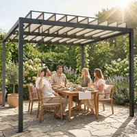 Outsunny 3 x 3 m Louvered Pergola with PC Roof, Aluminium Patio Gazebo Pergola Canopy with Drainage Gutters, Handle, Coffee(m-2)