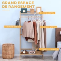 HOMCOM Bamboo Clothes Rack with 2 Shelves 2 Hooks and 1 Hanging Rail - 82 x 36.8 x 140 cm(m-4)
