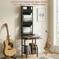 HOMCOM Vinyl Record Player Stand Record Storage with Player Stand Oxford Fabric Pockets Bottom Shelf Rustic Brown and Black(m-6)