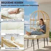Outsunny Gartensessel mit Hocker PE Rattan Ei-Form Korbsessel mit langen & dicken Kissen Metallrahmen Beige(m-6)