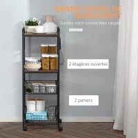HOMCOM 4-Tier Rolling Kitchen Cart with 2 Baskets, Shelves and Side Hooks, 40 x 38 x 111 cm, walnut(m-4)