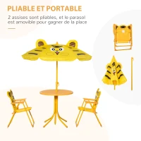Outsunny Kids 4-Piece Garden Set Tiger Design - Round Table + 2 Folding Chairs + Parasol - Epoxy Metal Oxford Yellow(m-4)