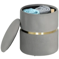 HOMCOM Runder Aufbewahrungshocker, Samtbezogener Hocker mit Abnehmbarem Deckel, Gepolsterter Sitz und Verstecktem Stauraum, Hellgrau(m-10)