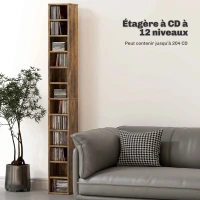 HOMCOM Rangements pour CD et DVD avec 12 compartiments, capacité max. 204 CD, 21 x 20 x 175 cm, brun rustique(m-4)