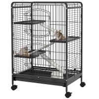PawHut Small Animal Cage on Wheels, 3 Ramps & 3 Platforms, Food Dish & Water Bottle, Removable Bottom Tray for Rabbit, Ferret, Chinchilla, Steel & PP, 61.5x44x95cm, Black(m-10)