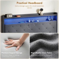 HOMCOM Floating Bed Frame, Upholstered 4ft6 Double Size Bed, Platform Bed with RGB LED Lights and Charging Station, Grey(m-7)