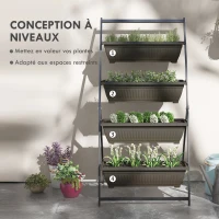 Outsunny Étagère à Fleurs en Acier 4 Niveaux, Support de Plantes Vertical avec 4 Bacs et Trous de Drainage, 76x79x162cm, Marron(m-4)