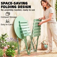 Outsunny Folding Garden Bistro Set, Outdoor Round Bistro Table and Chairs Set 2 with Electrophoresis Metal Frame, Light Green(m-6)