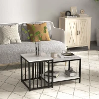 HOMCOM Set of 2 side tables nesting stackable coffee tables with marble-effect wood-look top black metal frame(m-2)