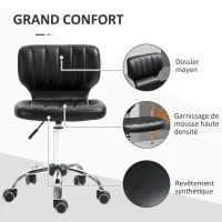 HOMCOM Rolling stool - 360° swivel work stool - ergonomic stool - adjustable seat height 47-62 cm - quilted PU upholstery black chrome metal(m-5)