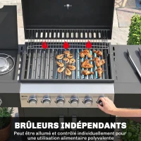 Outsunny Barbecue à gaz 6+1 brûleurs, chariot d'extérieur avec roues, grille de maintien au chaud, thermomètre, étagères latérales, noir(m-5)