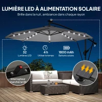 Outsunny Parasol Déporté Parasol de Jardin LED Solaire 32 Lampes LED Manivelle UV 50+ et Housse de Protection Ø 295cm Gris(m-4)