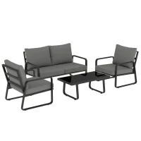 Outsunny 4 Piece Garden Furniture Set, Outdoor Sofa Set with Loveseat, 2 Armchairs, Coffee Table and Cushions(m-1)