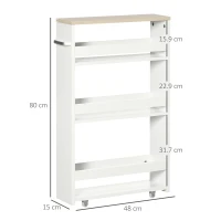 kleankin Storage Cart, 4-Tier Compact Storage Trolley on Wheels and Handle, 48W x 15D x 80H cm, White(m-3)
