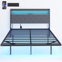 HOMCOM Floating Bed Frame, Upholstered 4ft6 Double Size Bed, Platform Bed with RGB LED Lights and Charging Station, Grey