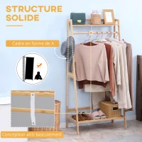 HOMCOM Bamboo Clothes Rack with 2 Shelves 2 Hooks and 1 Hanging Rail - 82 x 36.8 x 140 cm(m-7)
