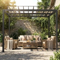 Outsunny 3 x 3 m Louvered Pergola with PC Roof, Aluminium Patio Gazebo Pergola Canopy with Drainage Gutters, Handle, Coffee(m-8)