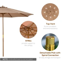 Outsunny 3(m) Garden Umbrella Wooden Parasol 8 Ribs Bamboo Sun Shade Patio Outdoor Umbrella Canopy Khaki(m-6)