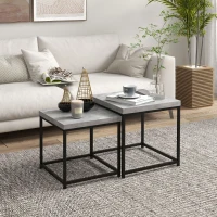 HOMCOM Lot de 2 tables gigognes tables basses carrées tables de salon cadre en acier et plateaux en bois gris(m-10)