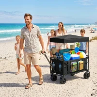 Outsunny Carrinho de Transporte com Rodas Grandes Travão Teto Amovível Carro Dobrável para Jardim com Barra Ajustável 125x59x133 cm Preto(m-10)