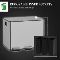 HOMCOM 3 x 20L Pedal Bin, Steel Triple Kitchen Bin with Soft Close Lid, Removable Inner Buckets, Fingerprint-Proof, Silver Tone(m-7)