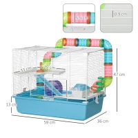 PawHut 3-Level Hamster & Rodent Cage with Tunnel, Water Bottle, Wheel, Little House, Ladders dim. 59L x 36l x 47H cm(m-3)