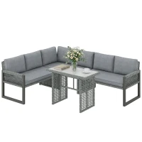 Outsunny 6 Seater Rattan Garden Furniture Set with 3 Loveseats, Table, Patio Rattan Furniture Corner Sofa Set, Grey(m-10)