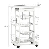 HOMCOM Multi-storage kitchen service cart on casters 4 metal baskets drawer + 4 bottle racks pine wood white tiled top(m-3)