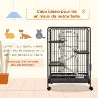 PawHut Small Animal Cage on Wheels, 3 Ramps & 3 Platforms, Food Dish & Water Bottle, Removable Bottom Tray for Rabbit, Ferret, Chinchilla, Steel & PP, 61.5x44x95cm, Black(m-4)