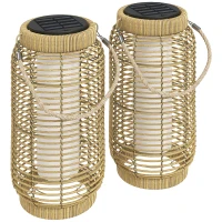Outsunny Conjunto de 2 Postes Solares de Exterior em Resina Trançada Luminária LED de Jardim em Aço Liga/Desliga Automático Areia(m-8)