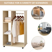 HOMCOM Open Wardrobe on Wheels, Bedroom Wardrobe with Clothes Hanging Rail, 3 Storage Shelves, Mobile Garment Rack for Cloakroom, Hallway, Maple Wood-Effect(m-4)