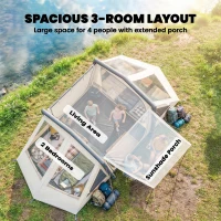 Outsunny Namiot pneumatyczny 4-osobowy, szybki montaż, outdoorowy namiot na camping z 2 sypialniami i przedsionkiem(m-6)