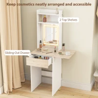HOMCOM Small Vanity Desk with Mirror and LED Lights, Compact Dressing Table with Drop Leaf, Open Shelves and Drawer, White(m-6)