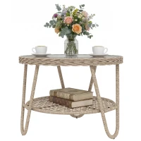 Outsunny Beistelltisch aus Polyrattan 2-stöckiger Kaffeetisch mit Ablage Glasplatte verstellbaren Füßen 65 x 65 x 50 cm Gelb(m-10)